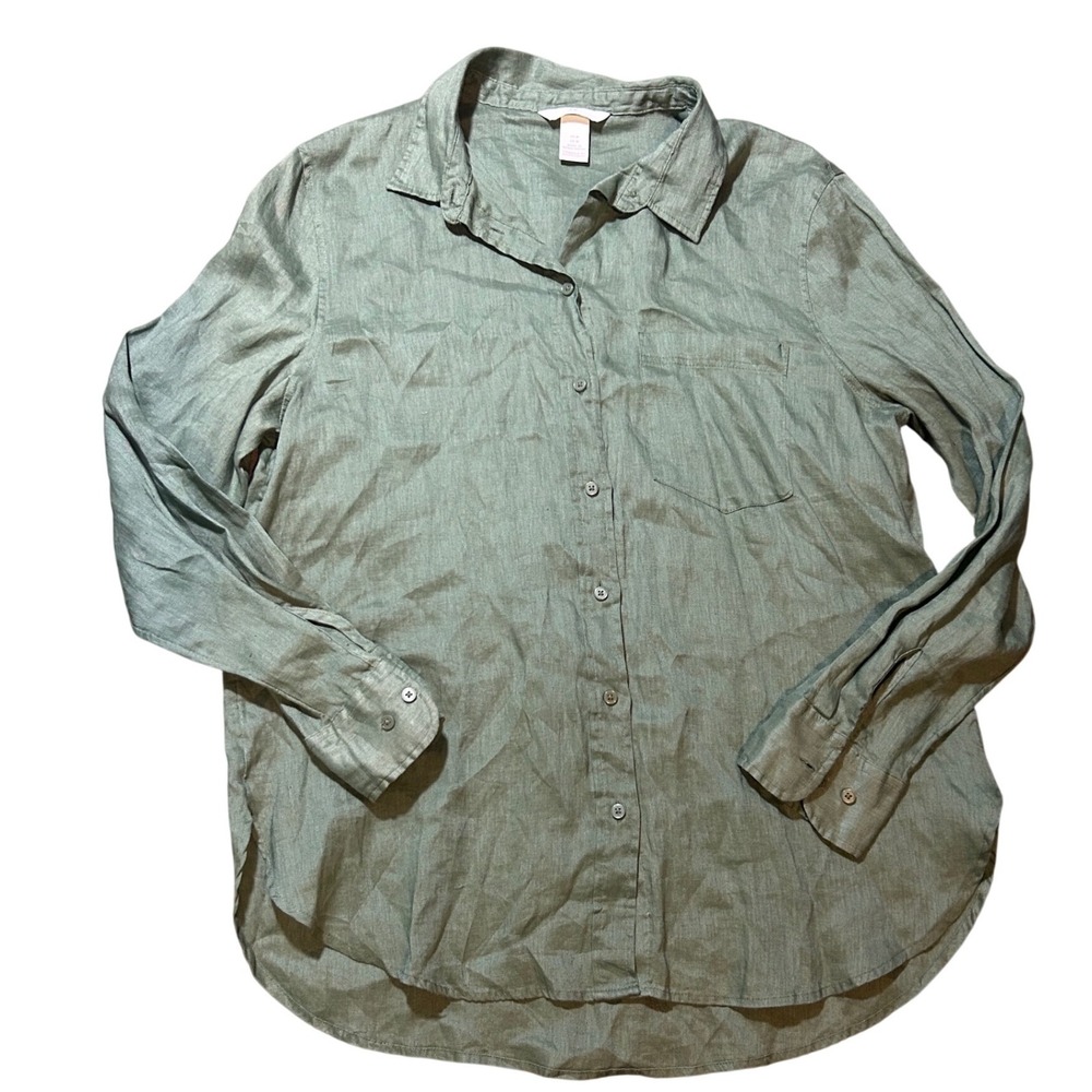 HM Womens 100% Linen Button Down Shirt Olive Green Long Sleeve Size M 08591391